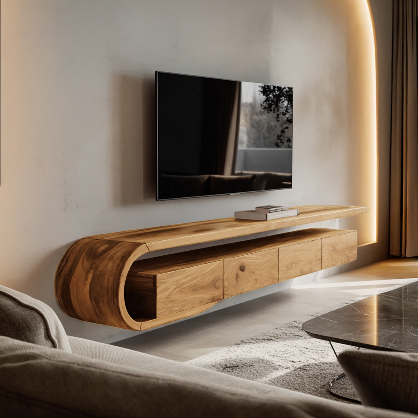 Modern Sculptural Wall Mounted Tv Console for Living Room - detail view 4