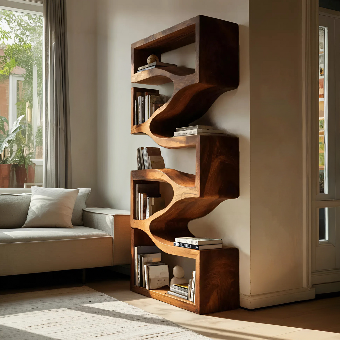 Sculptural Wooden Wall Bookcase for Modern Bedroom - alternate view