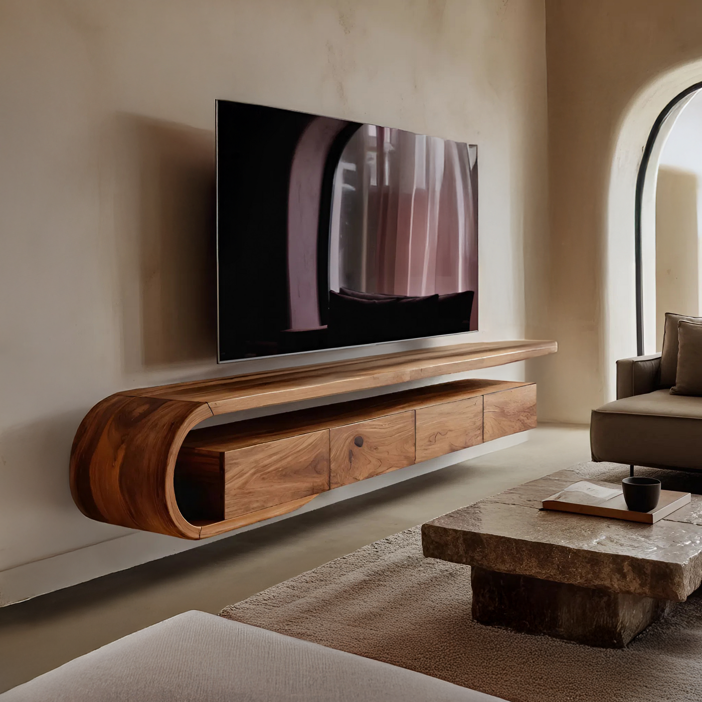 Modern Sculptural Wall Mounted Tv Console for Living Room - detail view 3