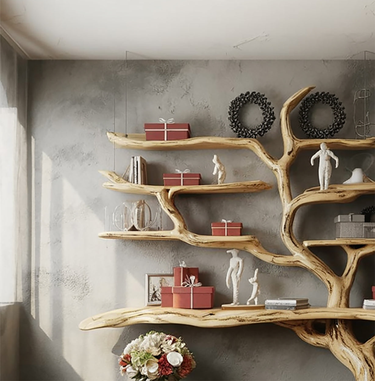 Handcrafted Tree Bookshelf - Rustic Live Edge Wooden Wall Bookcase - detail view 4