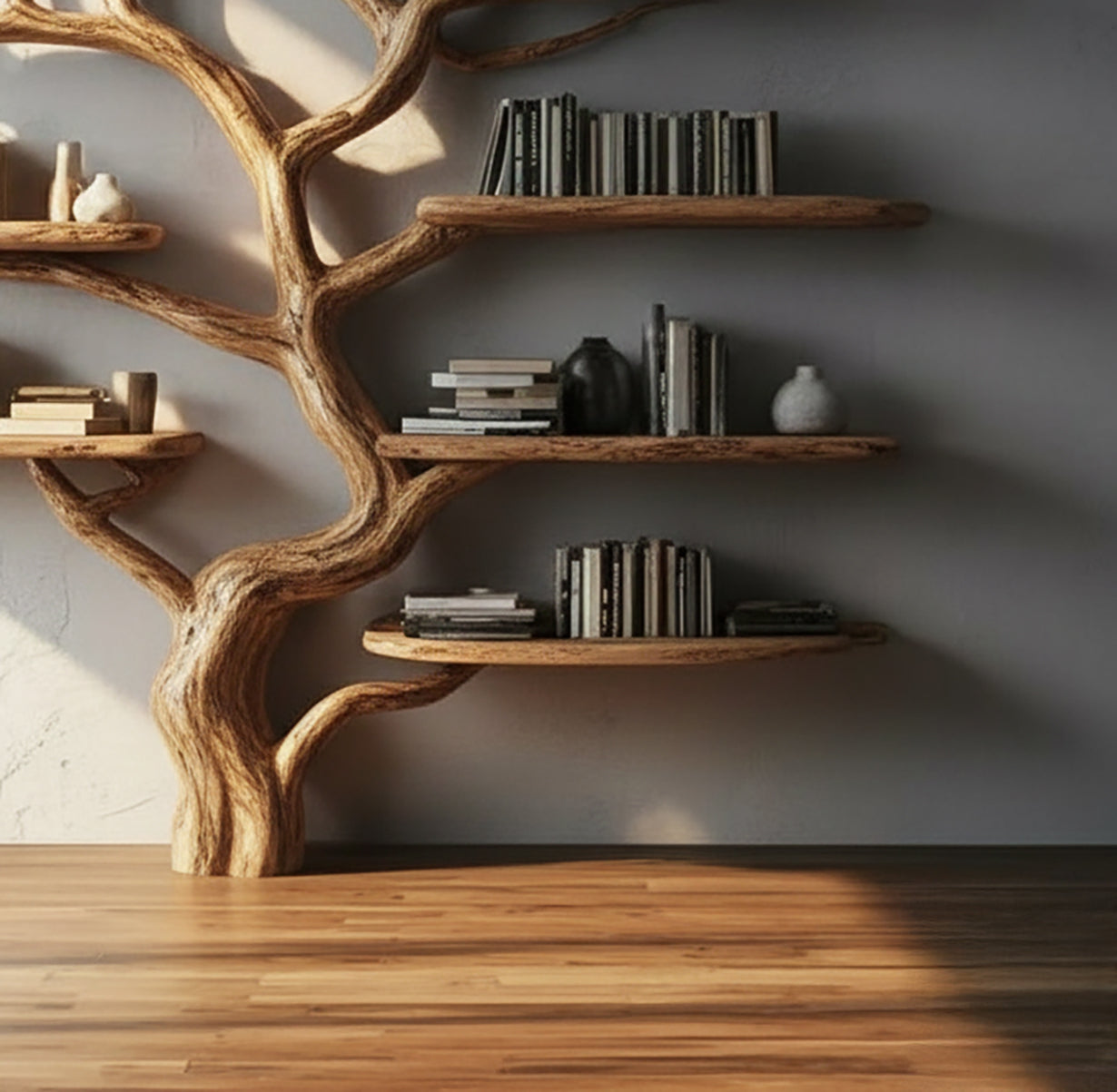 Rustic Tree Bookshelf - Handmade Wooden Branch Wall Shelf - alternate view