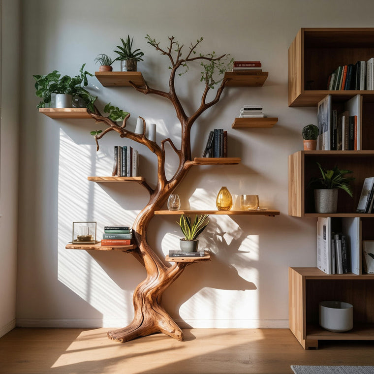 Decorative Tree Trunk Bookshelf - Large Wall - Mounted Wooden Sculpture - Rustic Display Shelf