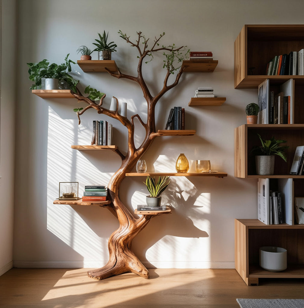 Decorative Tree Trunk Bookshelf - Large Wall - Mounted Wooden Sculpture - Rustic Display Shelf