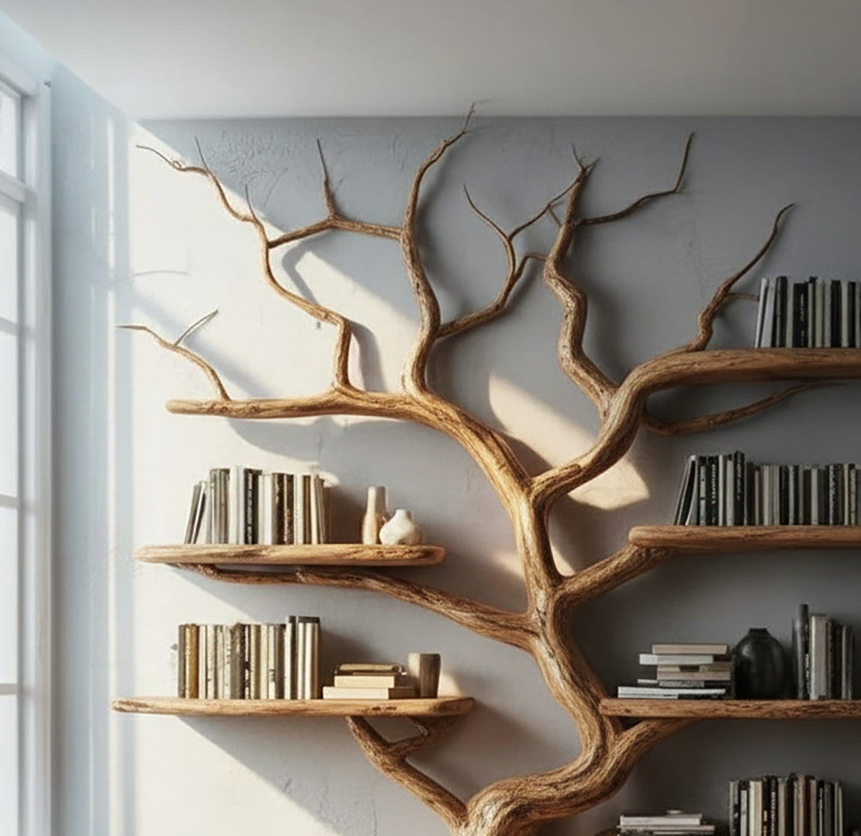 Rustic Tree Bookshelf - Handmade Wooden Branch Wall Shelf - detail view 4