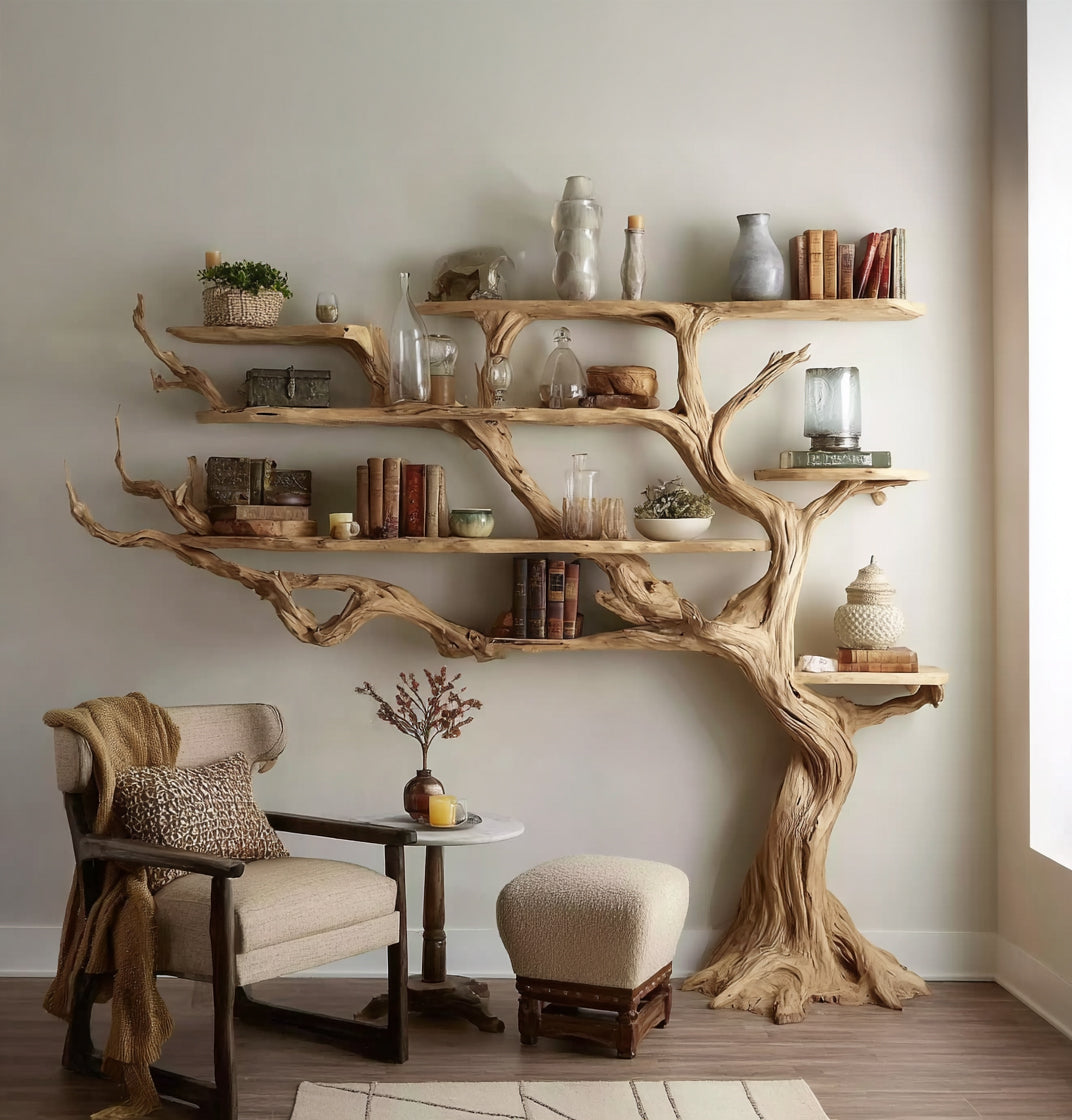 Handmade Tree Bookshelf - Large Wooden Branch Bookcase for Rustic Home Decor